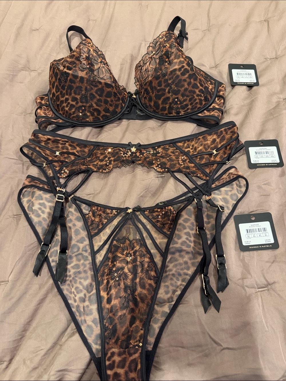Honey Birdette Sophie Leopard Print Lace Embroidered Bra Panty & Garter 38DDD